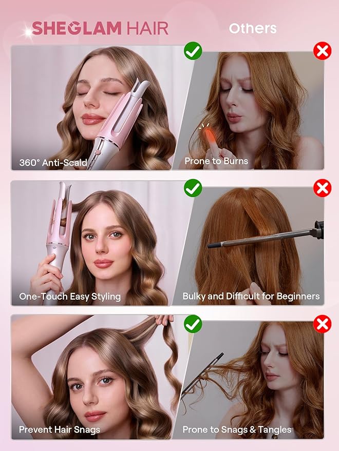 SHEGLAM Pink Curling Iron Automatic Gift for Woman (Pink, 1.25 inch) Cupid's Charm One-Touch Instant Curler