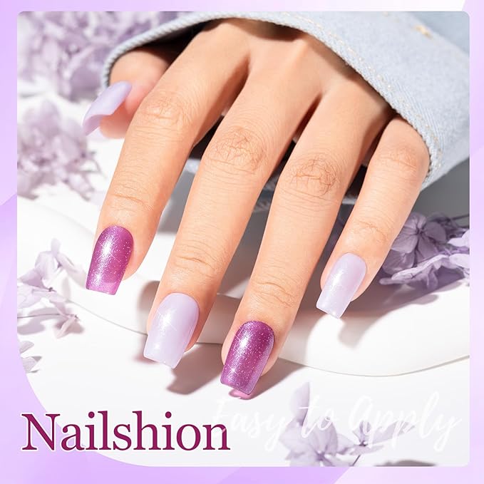 Nailshion Purple Sparkle Nail Polish, Mermaid Shimmer Shades Fingernail Polish Duo, Caster Oil Enriched, Non-Gel, Vegan, Opaque, Quick Dry Lilac Glitter DIY Nail Art Gift for Women Girls