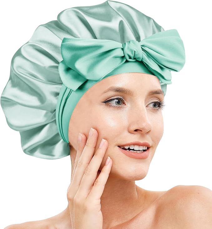 Silk Bonnet for Sleeping Women, Adjustable Soft Satin Lined Bonnet with Tie Band, Double Layer Sleep Night Cap