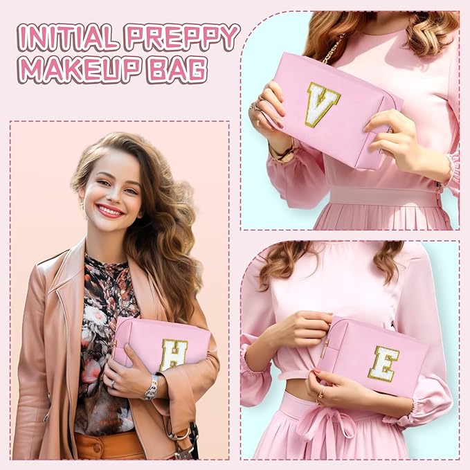 TOPEAST Preppy Makeup Bag, Small Cosmetic Travel Bags for Women, PU Leather Waterproof Toiletry Bag with Zipper, Personalized Birthday Gift for Women Girl, Preppy Gifts for Girl (Pink F)