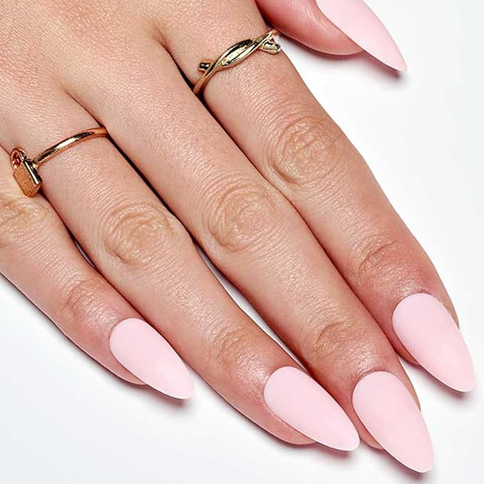 GLAMERMAID Light Pink Press on Nails Medium Almond, Spring Summer Nude Neutral Velvet Dull Gel Glue on Nail Stiletto, Matte Fake Nails Short Oval，Reusable Acrylic Stick on False Nail Kits for Women