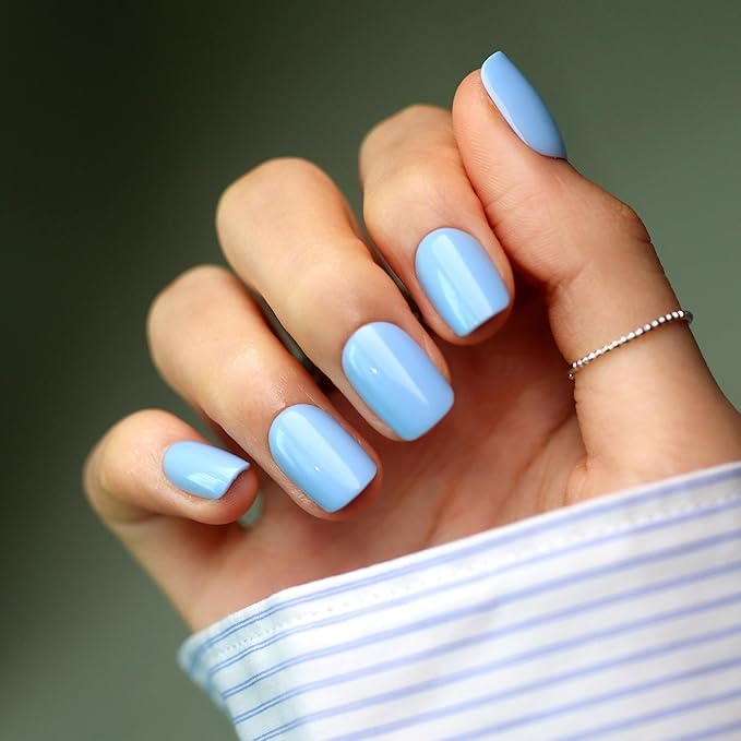 LAMIMOSA 32Pcs Press On Nails Short Square - Dusty Blue Nail Kit, Soft Gel Fake Nails in 16 Sizes, Reusable Glue on Nails, CELESTE