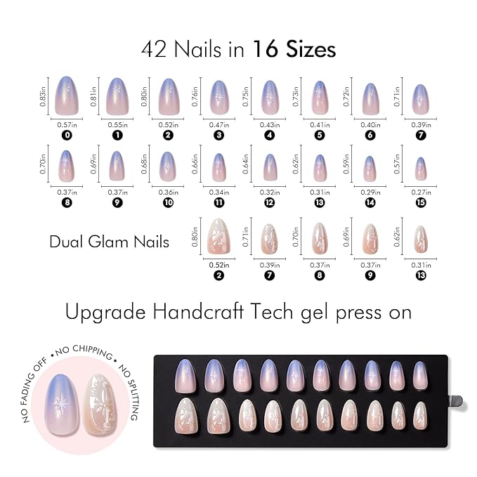 VSALON Press-On Nails Short Almond, 42 PCS Chrome Ombre 3D Star Fake Nails, 32 Main Nails in 16 Sizes & 10 Alternative Nails, Gel Reusable Glue On Nail Set with Full Tool Kit