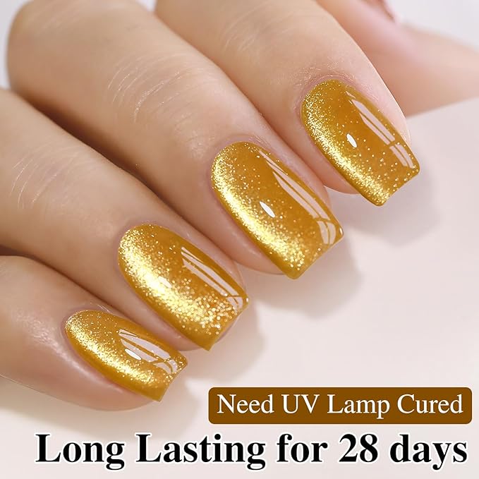 Double Rhythm Jelly Glass Cat Eye Gel Polish with Magnet 15ML Holographic Glitter Shimmer Translucent Sheer Color Magnetic Nail Polish Salon DIY at Home (Gold Cat-MC1025)