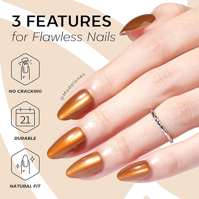 Modelones Gold Cat Eye Press on Nails Almond, Short Fake Nails, Reusable Nail Kit with Nail Glue Adhesive Tabs Mini Nail File, Nails Press Ons 32Pcs 16 Sizes, Women Girl Gift