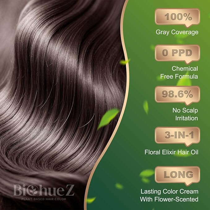 BioHueZ Permanent Hair Dye Hair Color for Gray Hair Coverage PPD-Free Hair Color Kit Medium Brown Hair Dye 3C Dark Mocha Brown Chocolate Brown