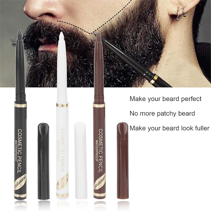 Beard Template Shaping Tool Set, Water Proof Sweatproof Beard Pencil Filler for Men, Ergonomic Contour Design, Includes 3 Beard Pencils and 1 Beard Shaper, White