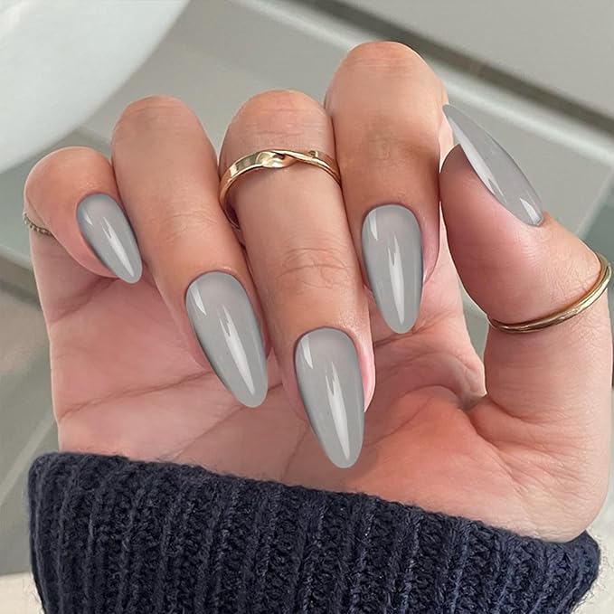 JONKASIPA French Pressed Glue Manicure - Gray Short Oval False Nails, Reusable Adhesive False Nails,Salon Quality 12 Sizes - 24pcs Nail Set