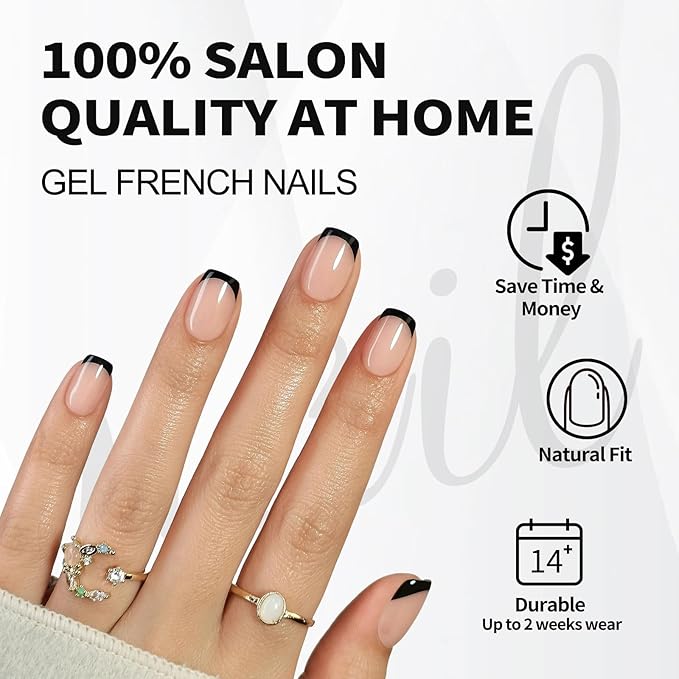 SHANGMENG Black French Tip Press on Nails Square - Soft Gel Press on Nails Short, Fit Perfectly & Natural Stick on Nails with Glue in 16 Sizes - 32 Reusable Fake Nails for Women Gift, Black French