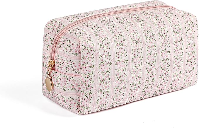 Cute Floral Makeup Bag Small Cotton Quilted Cosmetic Bag, Aesthetic Essential Bag Emergency Bag Gift for Women Girls Travel Accessories (Pink Floral)