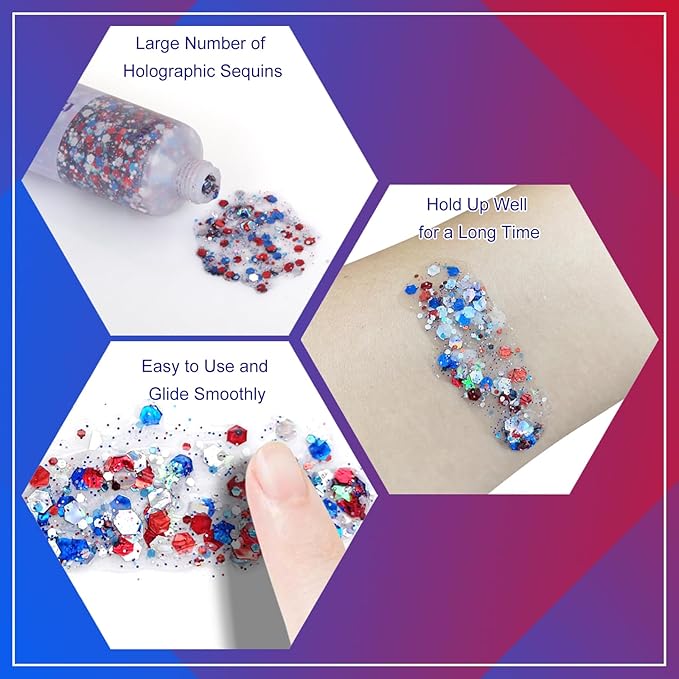 Red White and Blue Face Glitter,4th of July Hair Glitter for Kids,Fourth of July Patriotic Face Glitter,Sparkle Festival Sparkling Body Glitter Makeup,4th of July Outfits for Women Accessories,50ml