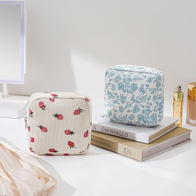 Cute Small Corduroy Zipper Makeup Bag, Mini Coquette Aesthetic Pouch with Strawberry Pattern for for Purse,Key Pocket Lipstick Bag Card Holder Data Cable Organizer for Women Girls (06Strawberry)