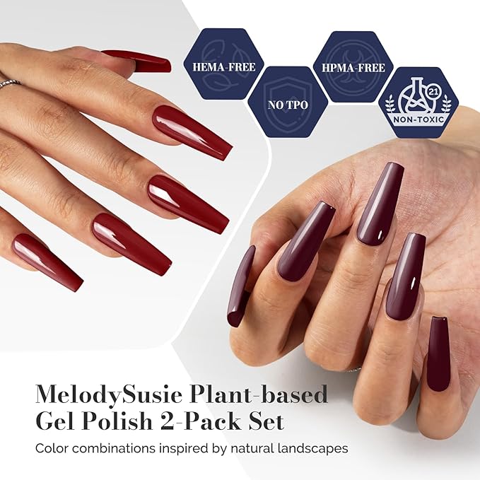 MelodySusie Fleurwee Plant Based Gel Nail Polish, 2 Pcs Hema Free Gel Polish Red Brown and Rose Red Nail Polish 21 Non Toxic Long Lasting Fall Nail Art Salon DIY Manicure at Home Gift for Women