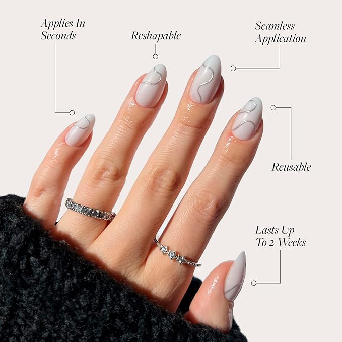 Glamnetic Press On Nails - Silent Night | Short Almond White Nails with 3D Silver Foil in a Glossy Finish | 15 Sizes - 30 Nail Kit with Glue