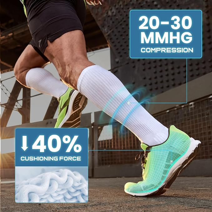 Rahhint Coolmax 20-30 mmHg Compression Running Socks, Long Distance Anti Blister Cushion Moisture Wicking Tall Athletic Socks