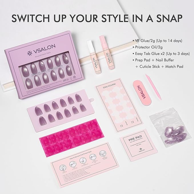 VSALON Press On Nails Short Almond, Purple Cat Eye Glitter Holographic Nails Kit, Reusable Opaque Soft Gel Glue Fake Nails with Glue & Cuticle Oil - 32 PCS in 16 Sizes Valentines Gift for Women
