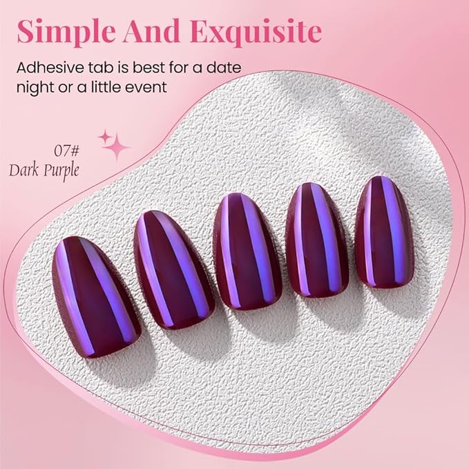 evpct Dark Purple Press on Nails Almond Short, Dark Purple Chrome Glazed Glossy Short Almond Soft Gel Press On Nails with Nail Kit for Women Gift, 15 Sizes 30Pcs Reusable Stick Acrylic Fake Nail Kit