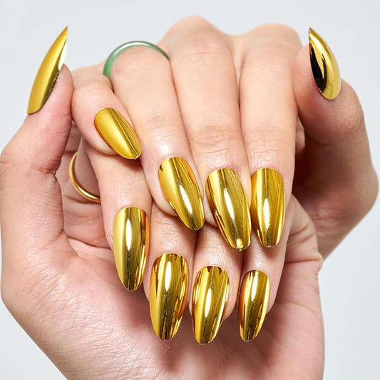 GLAMERMAID Press on Nails Medium Almond, Spring Summer Golden Chrome Gel Glue on Nail, Glossy Short Stiletto Reusable UV Finish Fake Nails Acrylic False Nails Manicure Kits for Women