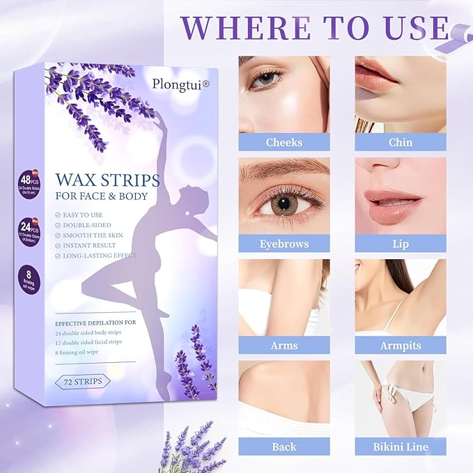 72PCS At Home Wax Strips for Hair Removal, 48 Body + 24 Face Wax Strips with 8 Calming Oil Wipes, Hypoallergenic for All Skin Types, Waxing Kit for Women & Men - Legs, Arms, Bikini, Brazilian, Back