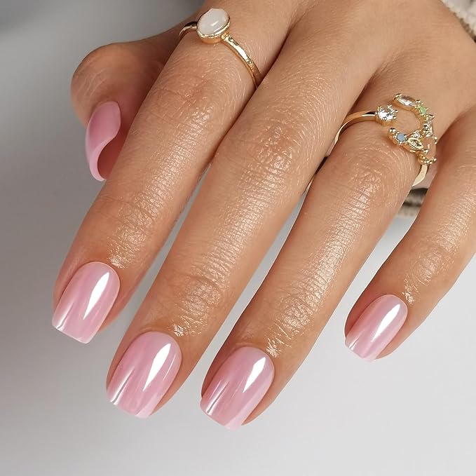 SHANGMENG Pink Chrome Press on Nails Square - Soft Gel Valentines Press on Nails Short for Women Gift, Glossy Stick on Nails with Glue in 16 Sizes - 32 Reusable Fake Nails, Aurora Light Pink