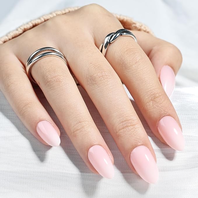 Leefrei Light Pink Press On Nails - Glossy Finish Pink Fade Press On Nails Short Almond Nails Press Ons for Women Fake Nails with Glue, Reusable Glue on Nail in 16 Sizes - 32pcs, Soft Blush