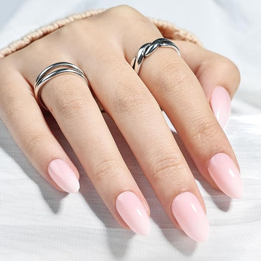 Leefrei Light Pink Press On Nails - Glossy Finish Pink Fade Press On Nails Short Almond Nails Press Ons for Women Fake Nails with Glue, Reusable Glue on Nail in 16 Sizes - 32pcs, Soft Blush