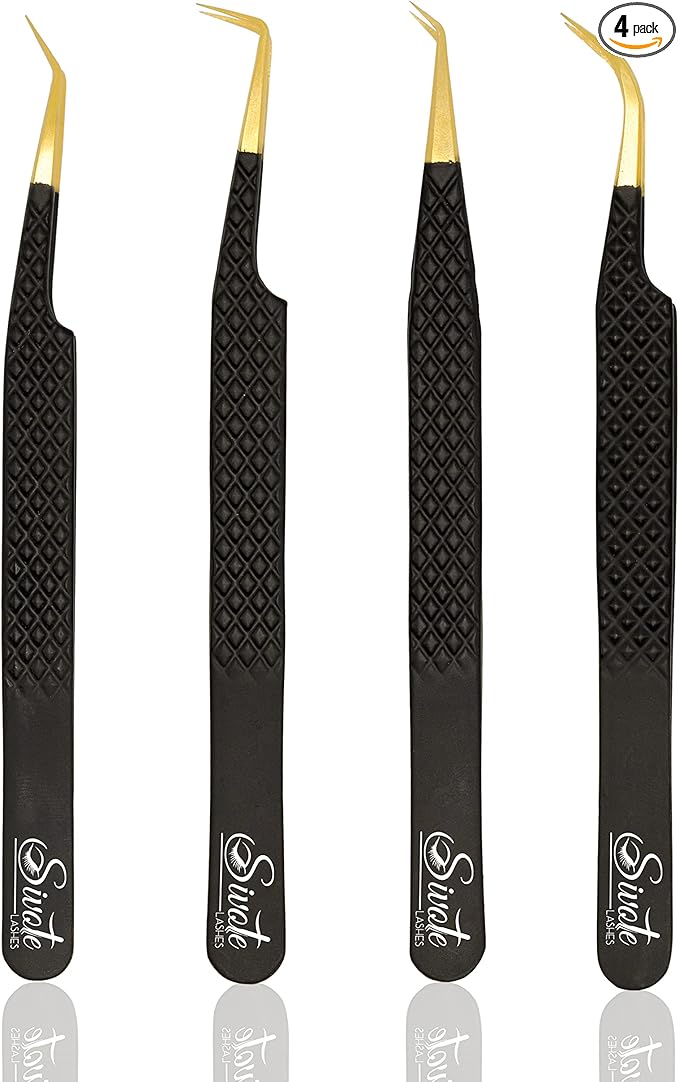 SIVOTE Fiber Tip Lash Tweezers for Eyelash Extensions with Diamond Grip, Black, Set of 4 - Precise Tips Japanese Steel for Classic, Volume & Mega Volume Lashes, Anti-Rust - Ideal for Lash Artists