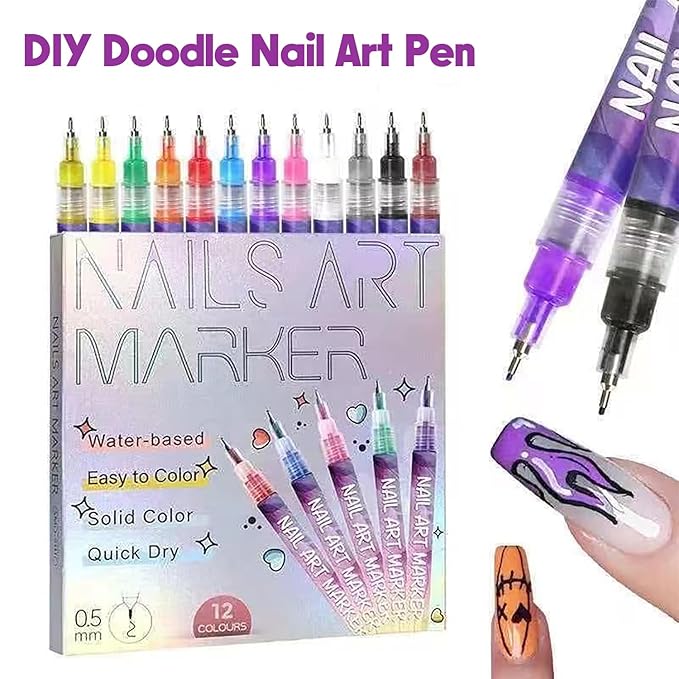 12 Colors Nail Art Pens Set Nail Art Pens, Nail Art Markers for Nail Art Fine Tip Nail Art Pen 0.5mm, Nail Polish Pens Quickly Dry Nail Art Pens for Painting Nails for Home DIY Salon