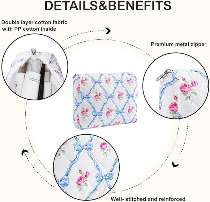 Cute Floral Makeup Bag Large Cotton Quilted Cosmetic Bag, Aesthetic Essential Bag Toiletry Period Bag for Women Travel Accessories (Blue Bowknot Rose)