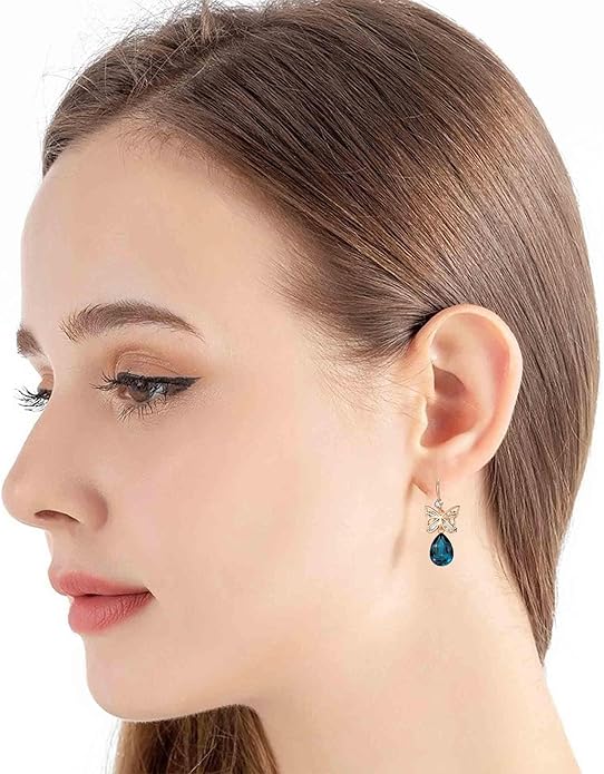 Austrian Crystal Teardrop Butterfly Drop Dangle Earrings for Women 14K Rose Gold Plated Hypoallergenic Jewelry