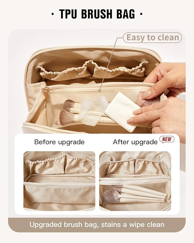 EACHY Travel Makeup Bag, Large Capacity Cosmetic Bag for Women, Waterproof PU Leather, Flat Open Portable Toiletry Bag for Skincare, Brushes & Travel Essentials