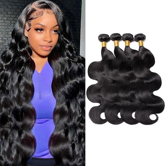 12A Human Hair Bundles 26 28 30 32 Inches Body Wave Bundles Human Hair 100% Unprocessed Brazilian Virgin 4 Bundles Human Hair Extensions Quick Weave Natural Black
