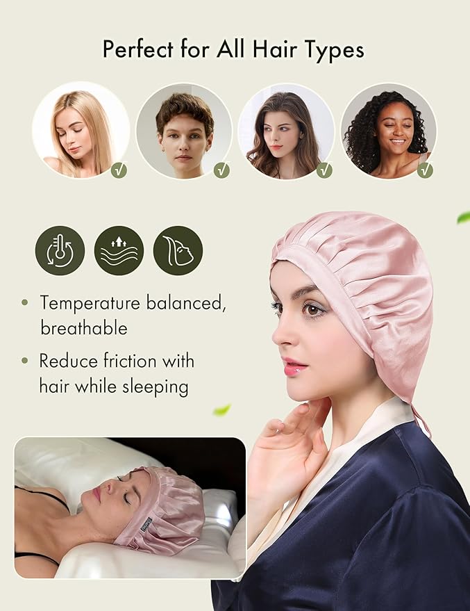 LilySilk 100% Mulberry Silk Bonnet, Silk Night Sleep Cap Adjustable Hair Wrap for Sleeping, Rosy Pink