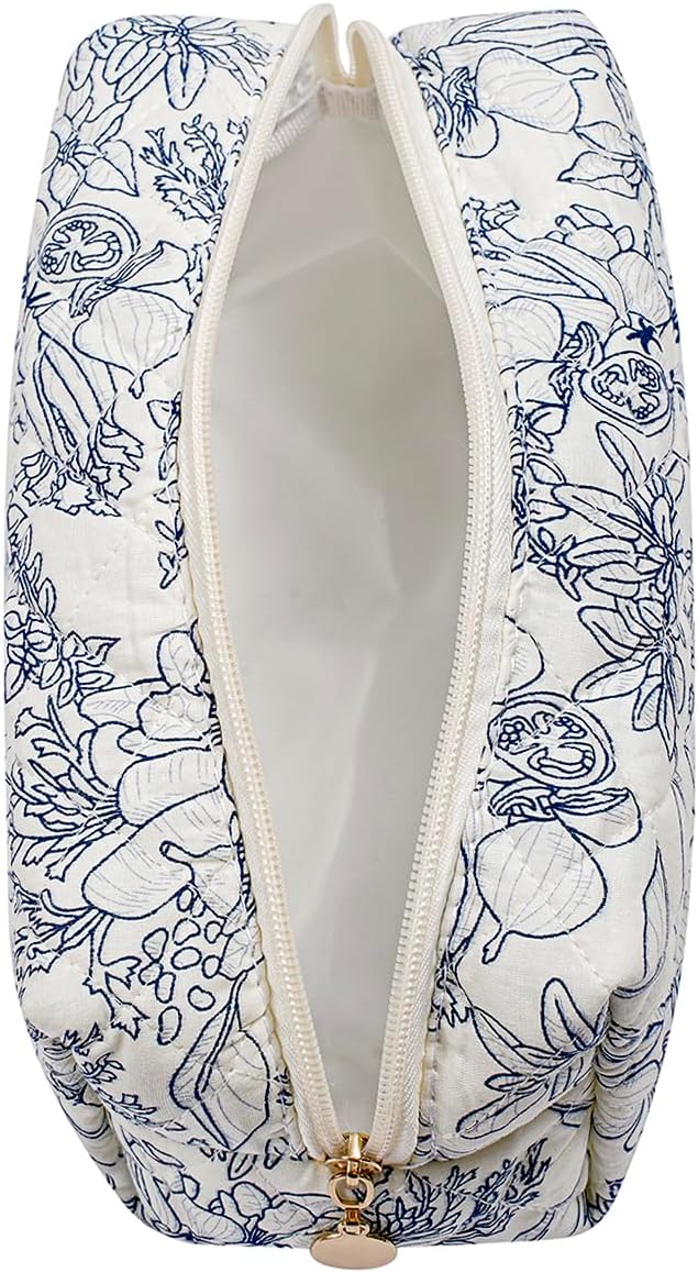 Cute Floral Makeup Bag Small Cotton Quilted Cosmetic Bag, Aesthetic Essential Bag Emergency Bag Gift for Women Girls Travel Accessories (Navy Flowers)