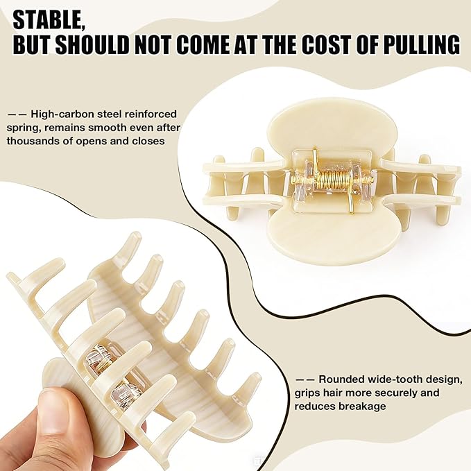 Big Hair Claw Clips for Thick Hair, Tortoise Shell Nonslip Large Cream Hair Clips, Celluloid Butterfly Jaw Clips, Strong Hold for Women
