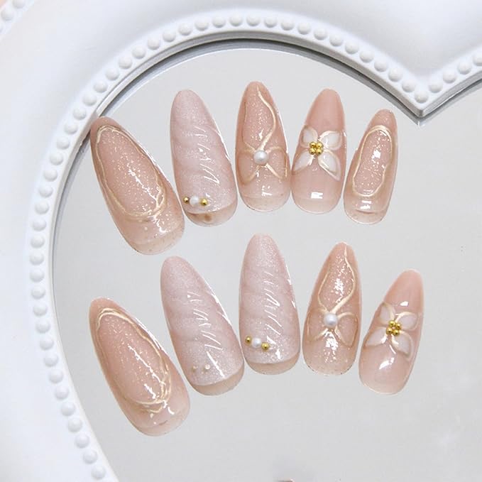 JONKASIPA French Almond Nail 3D Pink Floral Bow Nail Gloss Full Coverage Gel Patch Nails 24pcs Set