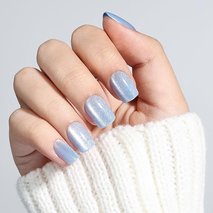 Leefrei Press On Nails, Short Square Blue Press on Nails Arctic Glazed Nails Press Ons for Women DIY Fake Nails Kit with Glue, Glossy Reusable Glue on Nails Short in 15 Sizes - 30pcs, Arctic Glaze