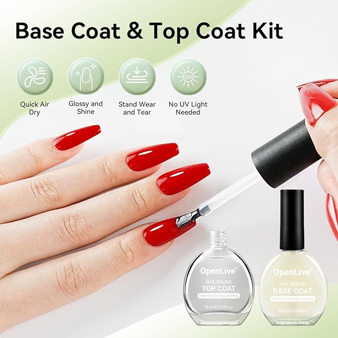 OpenLive Base and Top Coat Nail Polish Quick Dry,16.5ml Large capacity Basic Nail Polish Set Fast Dry Air, High-Glossy Shiny, No U V Light Needed for Women Salon DIY Nail Art