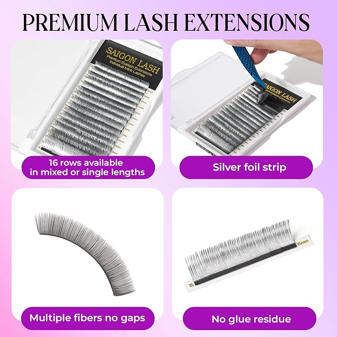 SAIGON LASH Eyelash Extensions, Mink Lash, Volume & Classic Lashes for Professionals, J/B/C/CC/D/L/M Curl, 4-15mm Length, Soft Korean PBT Fiber, 16 Rows Lash Tray (New Sliver-CC-0.07-8-15mm)