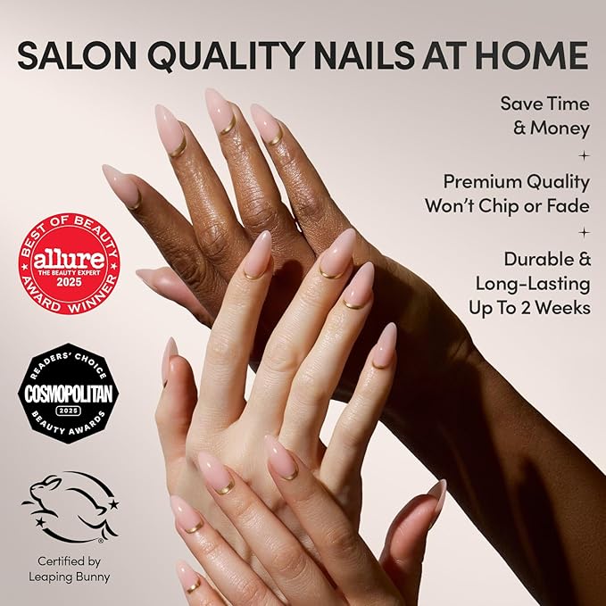 Glamnetic Press On Nails - Goal Getter | Medium Almond Fake Nails and Neutral Gold Reverse French Tip, Salon Quality | 15 Sizes - 30 Nail Kit Wtih Glue