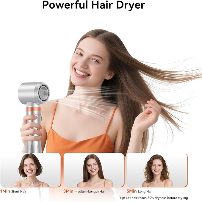 5 in 1 Blow Dryer Brush,110-120V Hair Dryer Brush, Fast Drying & 3 Adjustable Temperatures Hot-Air Hair Brushes, Detachable Hair Styler Set for Curling/Volumizing/Straightening/Styling (Silver-Orange)