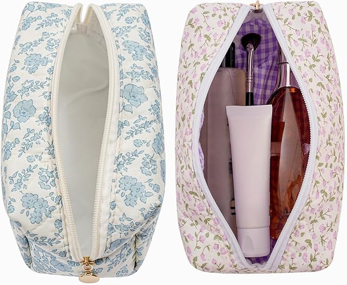 Cute Floral Makeup Bag Small Cotton Quilted Cosmetic Bag, Aesthetic Essential Bag Emergency Bag Gift for Women Girls Travel Accessories (Two Pack: (Blue Floral+Purple Flowers)