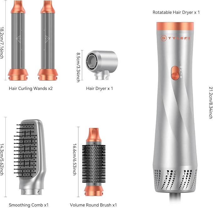 5 in 1 Blow Dryer Brush,110-120V Hair Dryer Brush, Fast Drying & 3 Adjustable Temperatures Hot-Air Hair Brushes, Detachable Hair Styler Set for Curling/Volumizing/Straightening/Styling (Silver-Orange)
