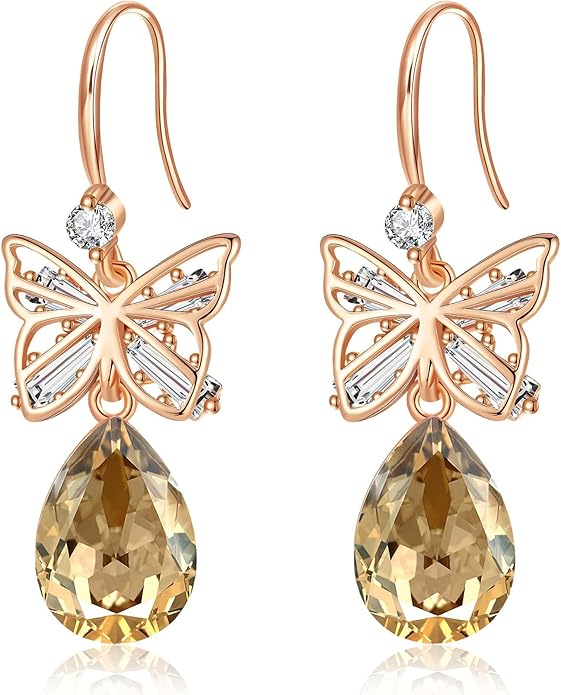 Austrian Crystal Teardrop Butterfly Drop Dangle Earrings for Women 14K Rose Gold Plated Hypoallergenic Jewelry