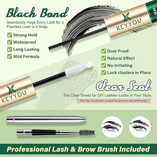 KEYYOU Lash Bond and Seal Waterproof Lash Cluster Glue 72H Long Lasting Strong Hold Non Irritating Eyelash Glue for DIY Individual Lashes at Home (Black-10ml)