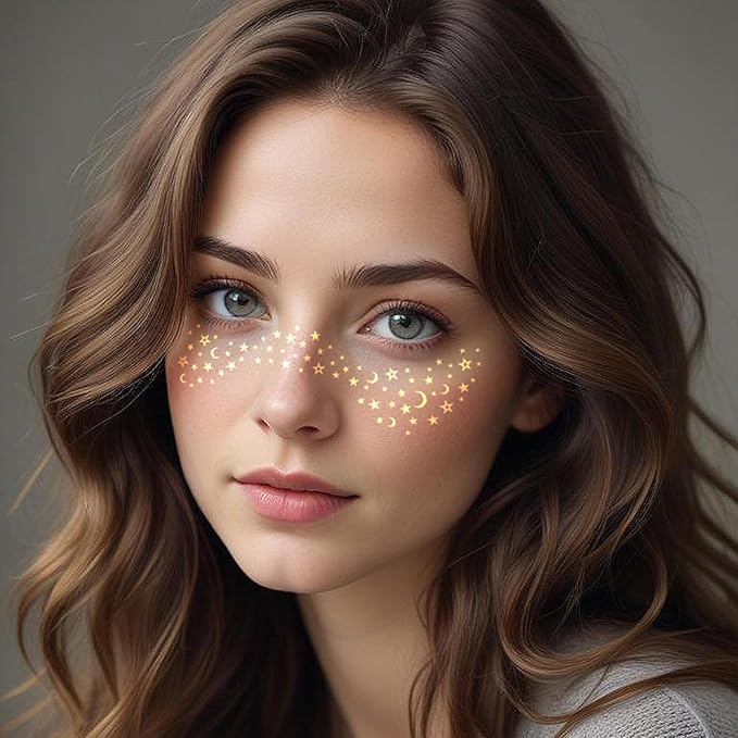 12 Pcs Gold Face Temporary Tattoo Sticker, Glitter Metallic Freckle Face Tattoo Stickers, Glitter Freckles, Sparkle Makeup Patches Face Tattoo for Women Party Decor 655