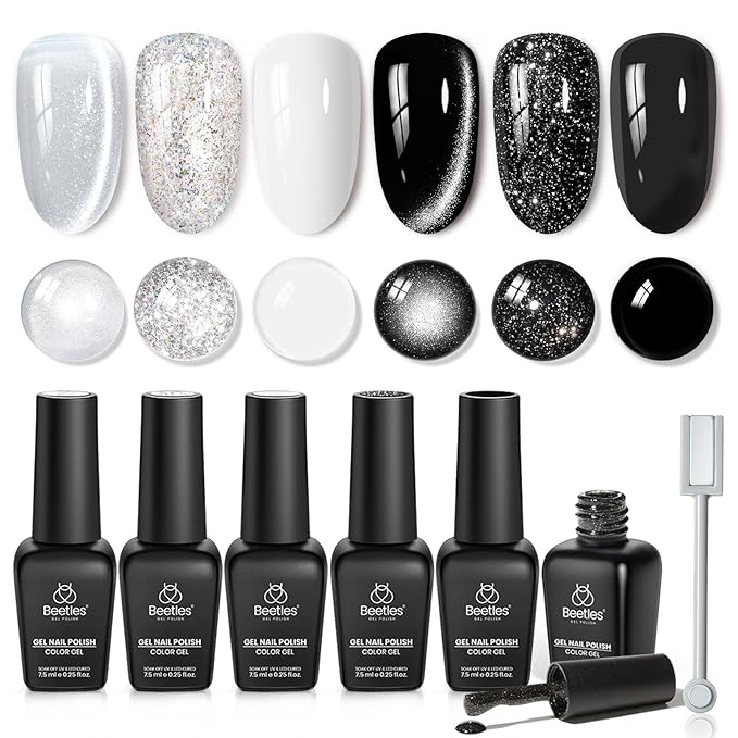 Beetles Gel Nail Polish Set - Twilight Gleam 6 Colors Cat Eye Glitter White Black Silver Shimmer Sparkle Gel Polish Kit with Magnet Soak Off Nail Art Uv Led Home Salon Gift for Women&Girls