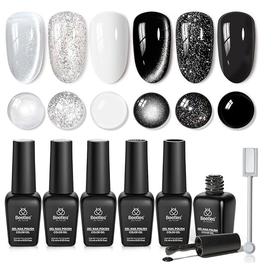 Beetles Gel Nail Polish Set - Twilight Gleam 6 Colors Cat Eye Glitter White Black Silver Shimmer Sparkle Gel Polish Kit with Magnet Soak Off Nail Art Uv Led Home Salon Gift for Women&Girls