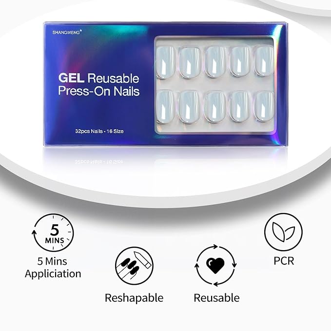 SHANGMENG Chrome Press on Nails Square - Soft Gel Blue Press on Nails Short for Women Gift, Glossy & Natural Stick on Nails with Glue in 16 Sizes - 32 Reusable Fake Nails, Aurora Light Blue