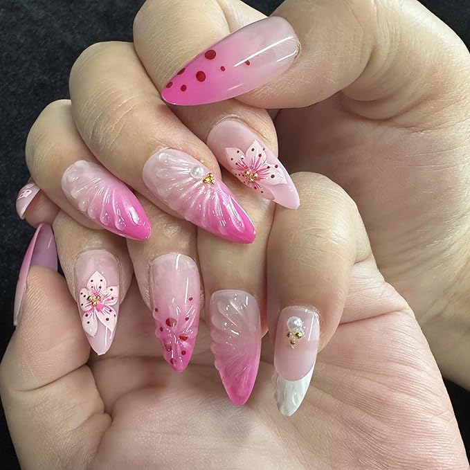 JONKASIPA 3D Pink Floral Embossed Nails Almond Shaped Floral French Fake Nails Spring Patch Nails Full Coverage Acrylic Nails For Women DIY Nail Art Supplies